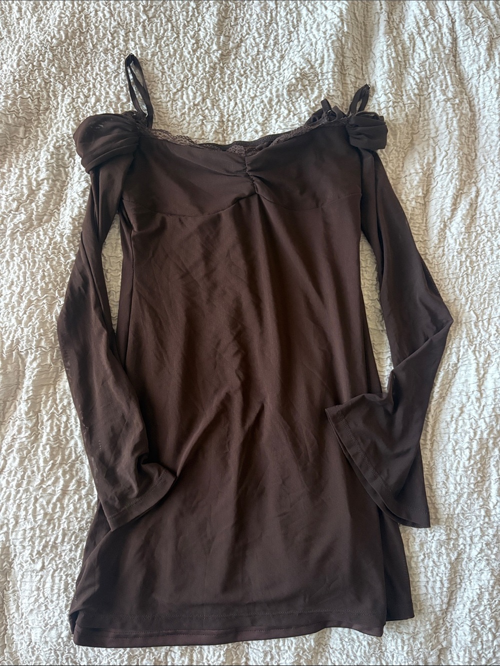 SHEIN Dark Brown Off-Shoulder Long Sleeve Dress with Straps